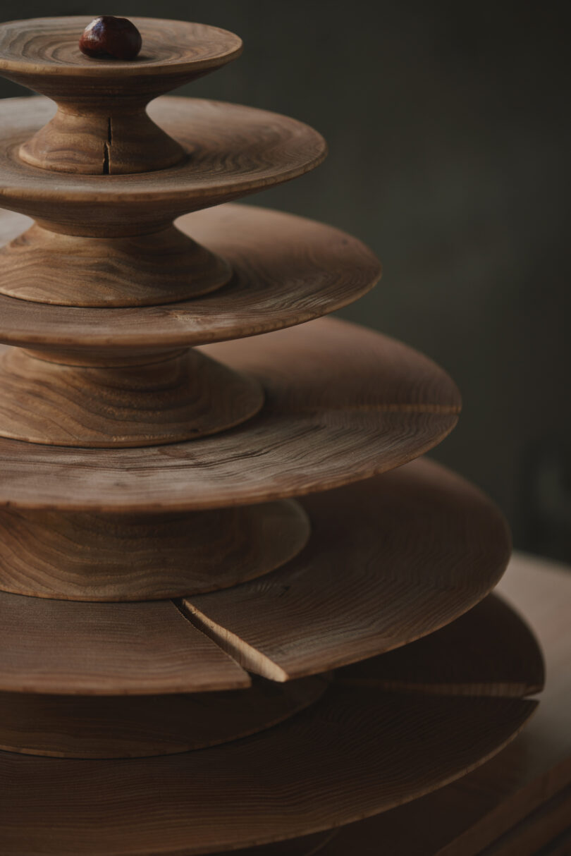 Stacked wooden discs with a cherry on top