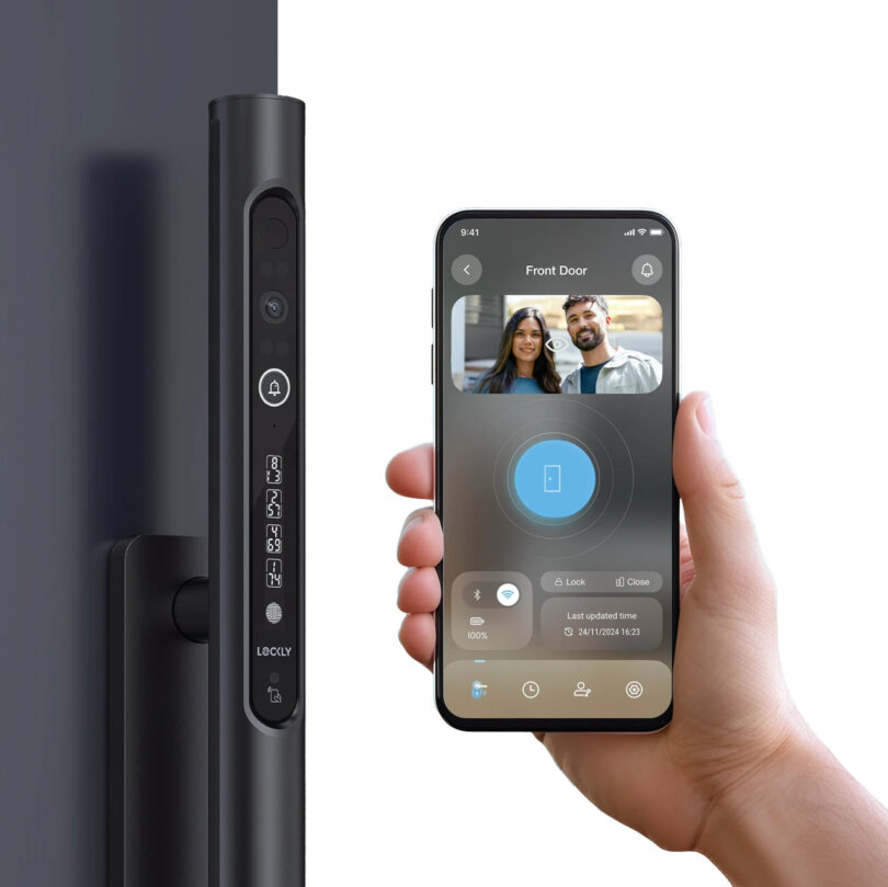 Person holding a smartphone displaying a smart lock app screen next to a black smart door lock with keypad.