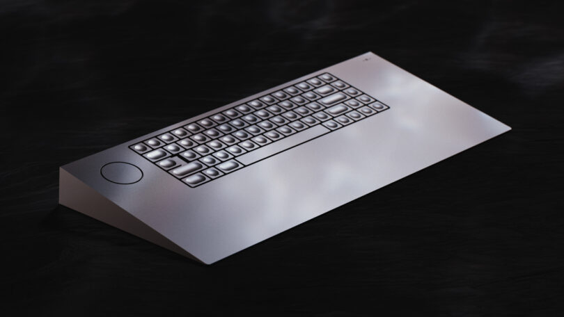 A sleek, modern keyboard with a circular touchpad on a dark surface.