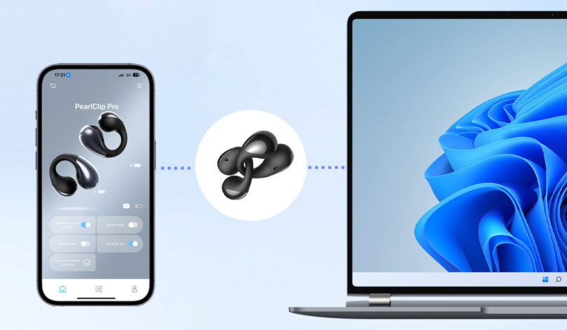 Smartphone and laptop connected wirelessly via earbuds, shown on both screens. Earbuds depicted in the center.