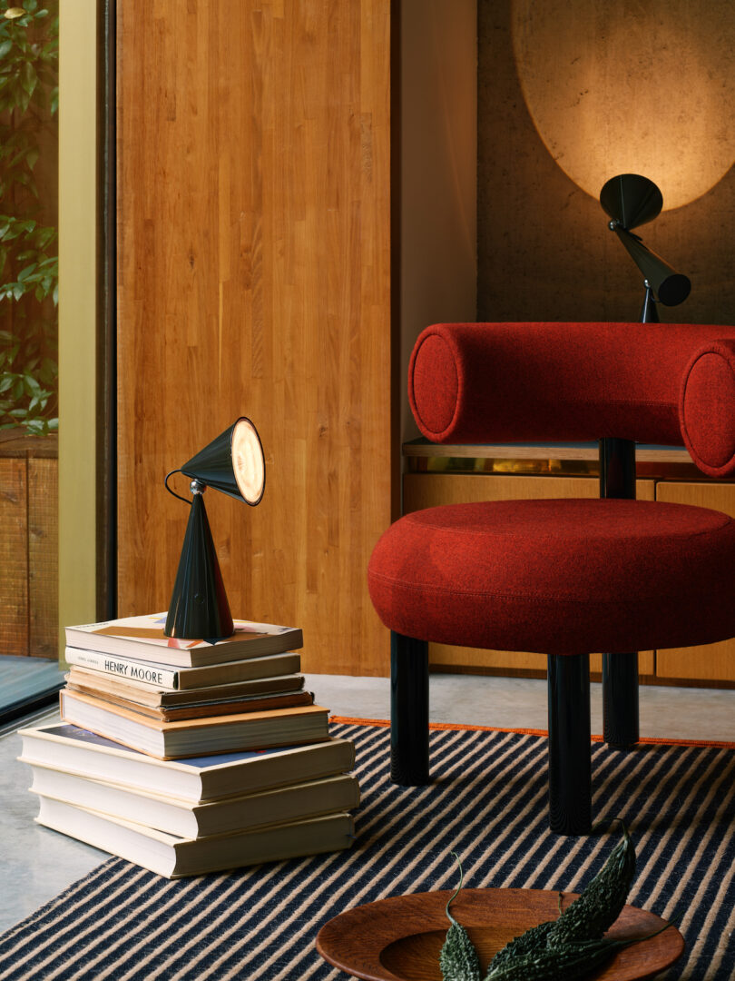 A modern red chair beside a stack of books with a black cone-shaped lamp on top. A striped rug covers the floor, and there is a wooden wall and potted plant in the background