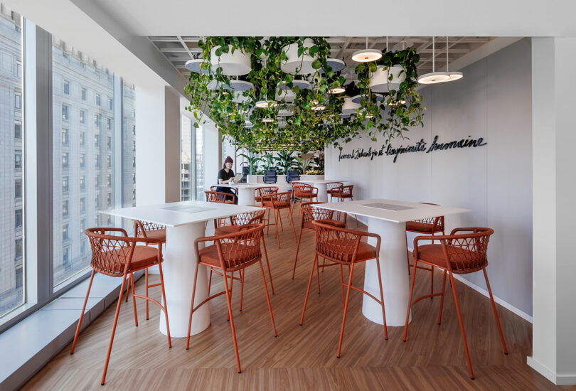 Modern café with white tables, orange chairs, and hanging plants, featuring large windows with a city view and a wall sign in cursive text. One person is seated at a table.