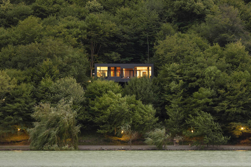 A modern house with large windows is nestled among dense green trees on a hillside, offering breathtaking views reminiscent of Lopota Lake Resort.