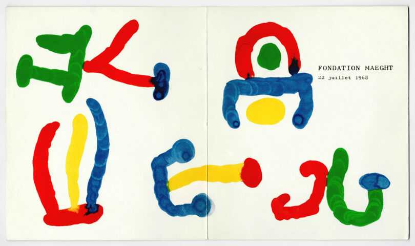 Colorful abstract shapes in red, blue, green, and yellow on a white background with the text "FONDATION MAEGHT 22 juillet 1968" on the right.