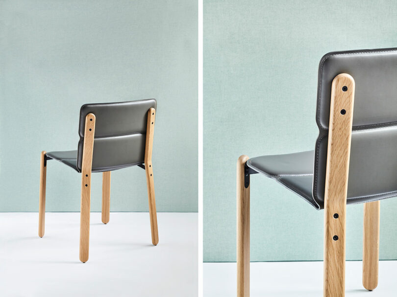 A modern chair with a padded leather backrest and seat, and wooden legs, is shown from two angles against a light blue background.