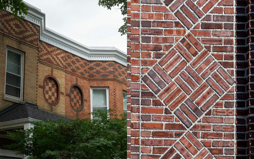 A building exterior with intricate brown brick patterns, including geometric designs and circles, set against a white-trimmed roof and greenery.