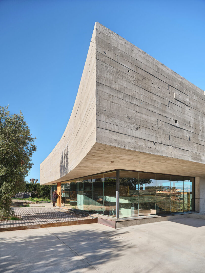 A modern building with a distinct angular concrete roof and large glass walls surrounded by greenery. A person stands near the entrance under a clear blue sky.