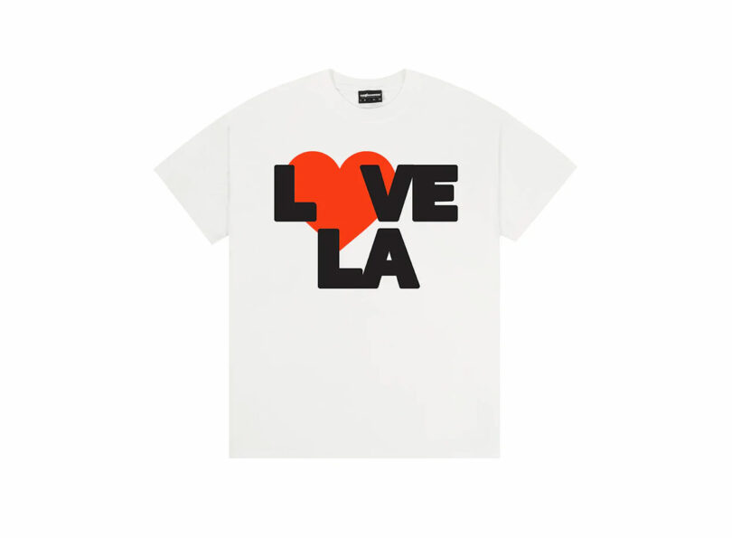 White T-shirt with "LOVE LA" written on it, where the "O" is a red heart shape.