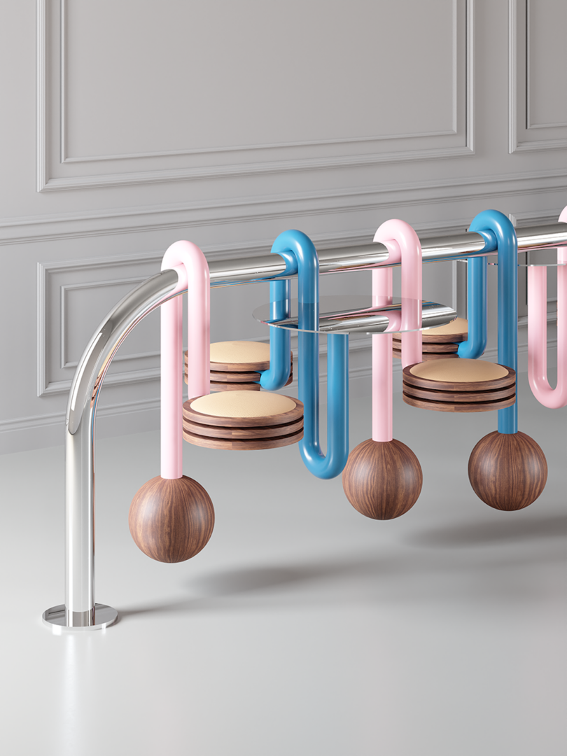 communal bar seating featuring a series of pink and blue tubes with wooden disks and spheres, mounted on a metal frame against a light gray wall