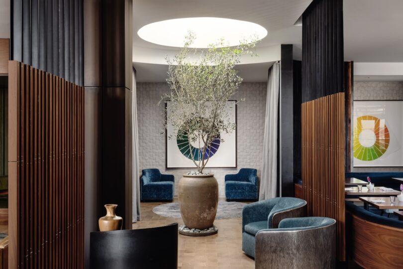 A modern interior features a central potted plant, blue chairs, wooden dividers, and abstract wall art under a round skylight.