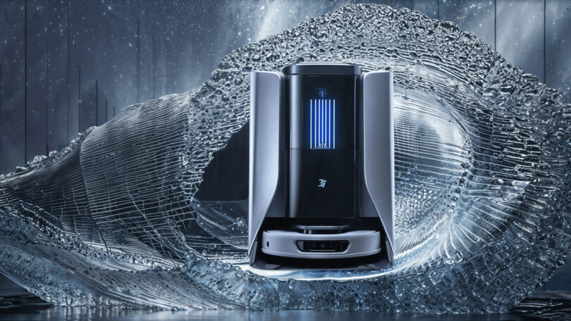 Futuristic black and gray device surrounded by a digital wave effect, with blue light emanating from the center.