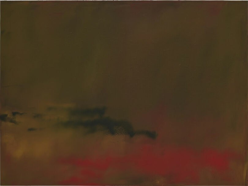 Abstract painting with dark green and brown hues, featuring black and red blurred patches.