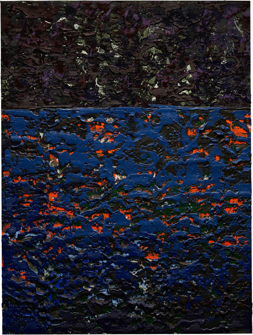 Abstract painting with textured layers. Dark upper half contrasts with a blue and orange lower half, creating a dynamic and colorful composition.