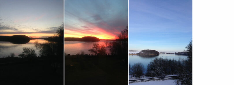 Three side-by-side photos by Stine Find Osther reveal a lake's enchanting transformations: dawn with dark silhouettes, sunset showcasing pink skies, and a snowy morning under clear blue skies.