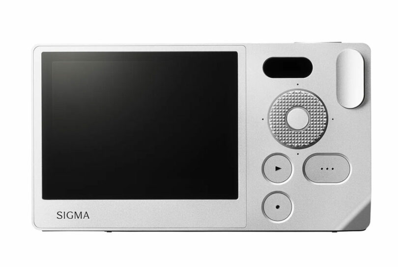 Back view of the sleek silver Sigma BF digital camera showcasing a large screen, control buttons, and a textured dial.