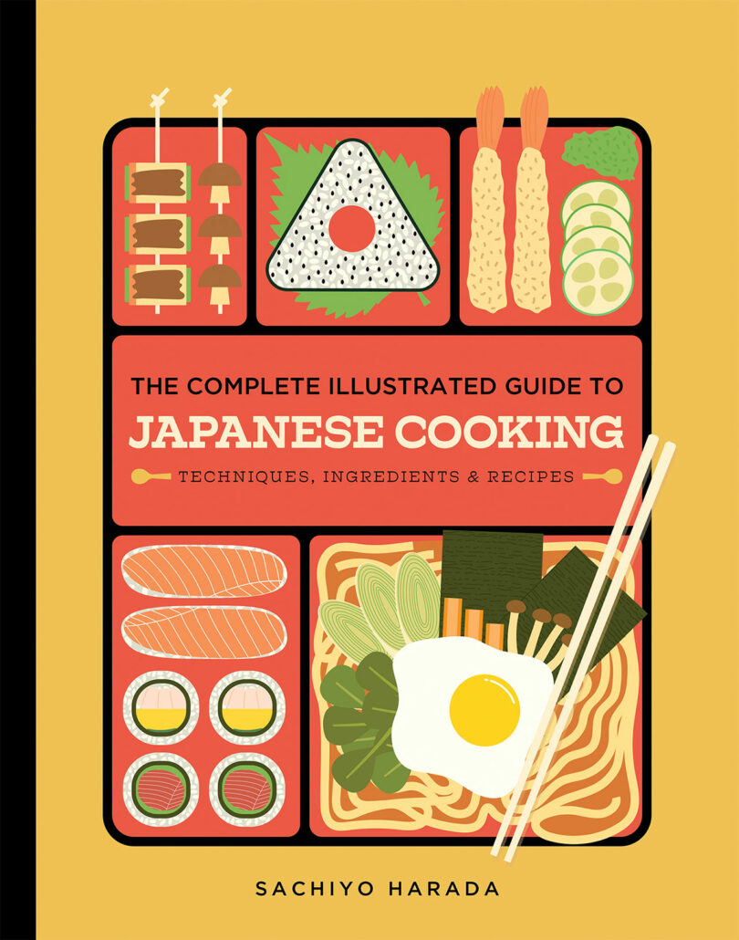 Cookbook cover titled "The Complete Illustrated Guide to Japanese Cooking" featuring illustrations of Japanese dishes, including a rice ball, skewers, and noodles.