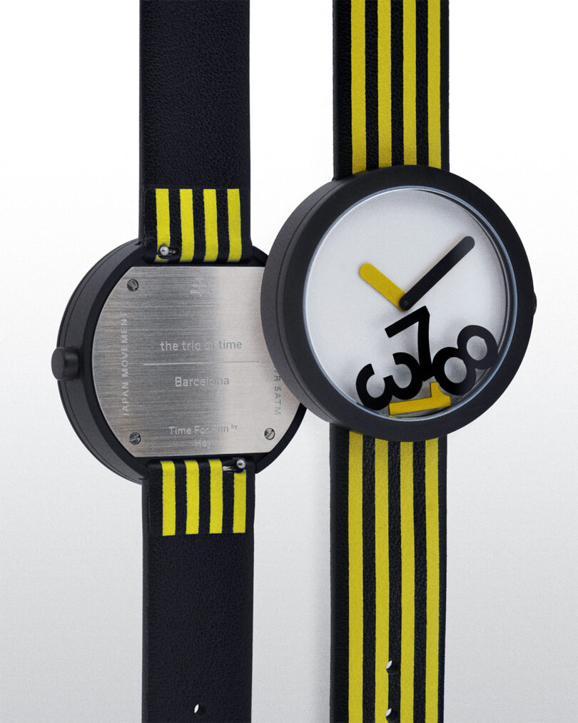 Two views of a wristwatch with a black and yellow strap. Front shows a unique abstract design on the face; back displays engraved text.