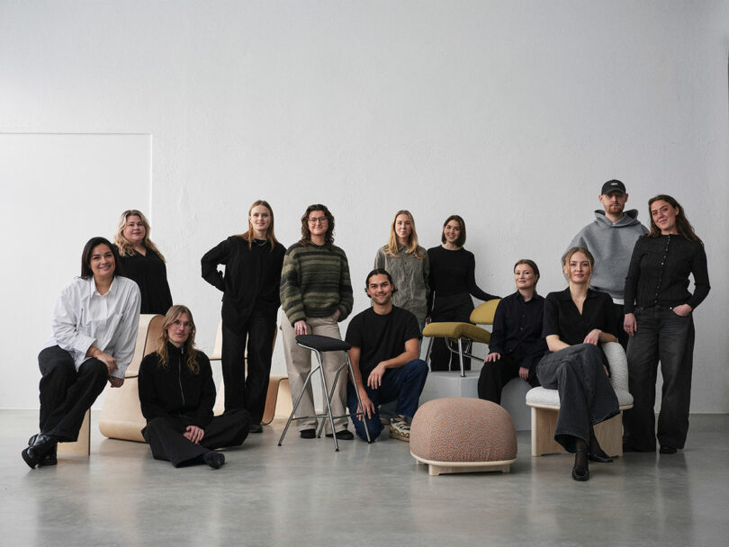 A group of twelve people posing indoors, dressed in casual attire, with some seated on chairs and others standing, epitomizes the modern workform. Neutral-tone furniture subtly complements their relaxed yet organized ensemble.