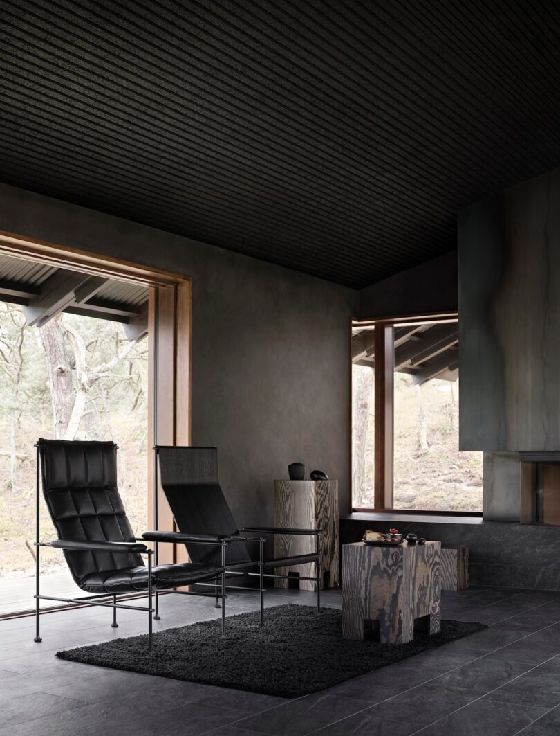 Minimalist living room with dark tones, featuring two modern chairs, a black rug, and wooden side furniture. Large windows offer an outdoor view, adding natural light to the space