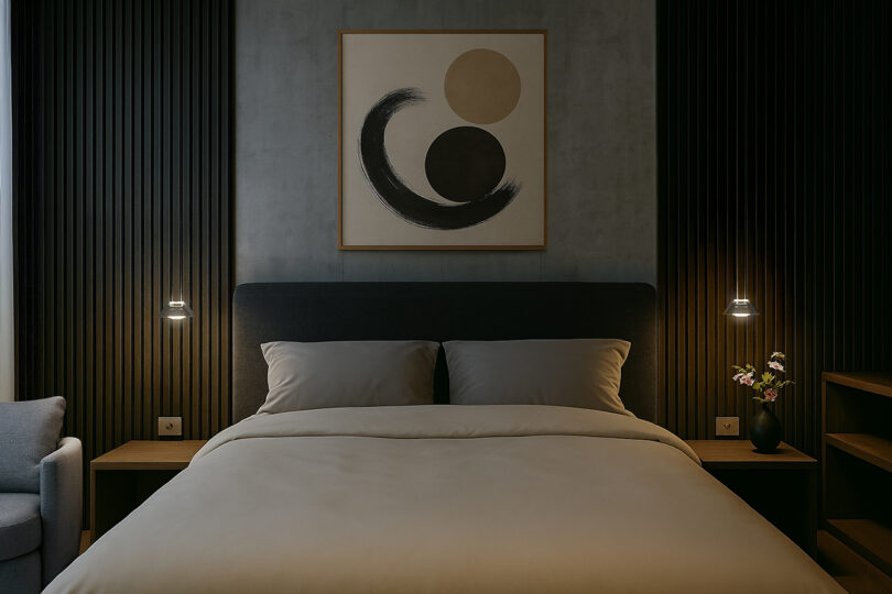 A neatly made bed with beige linens, two pillows, and a dark headboard is centered beneath abstract wall art, creating an Aura Snøhetta-inspired space with bedside tables, small lamps, and a flower vase on the right.
