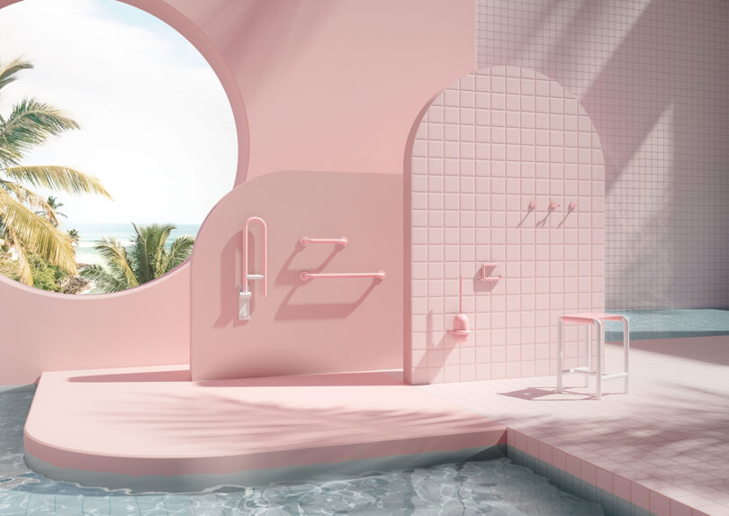 Minimalist pastel pink bathroom with tiled walls, accessibility rails, a shower, and a bench by a pool. Large round window shows palm trees and sky outside.