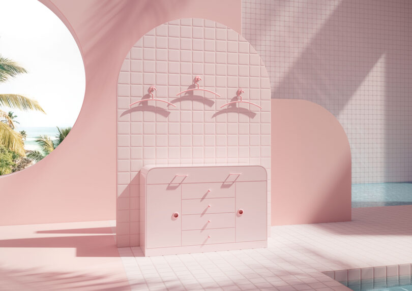 Minimalist pink tiled room with a curved wall, three hangers, a cabinet, a round window with a palm tree view, and a pool. Sunlight casts shadows across the scene.
