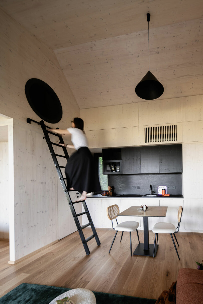 A person climbs a black ladder to a round opening above a modern kitchen and dining area with light wood walls and dark accents.