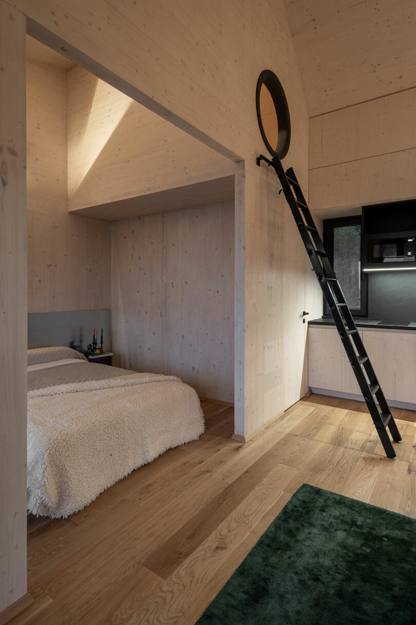 A small, modern bedroom with light wood walls, a bed, a green rug, and a black ladder leading to a loft next to a kitchenette.