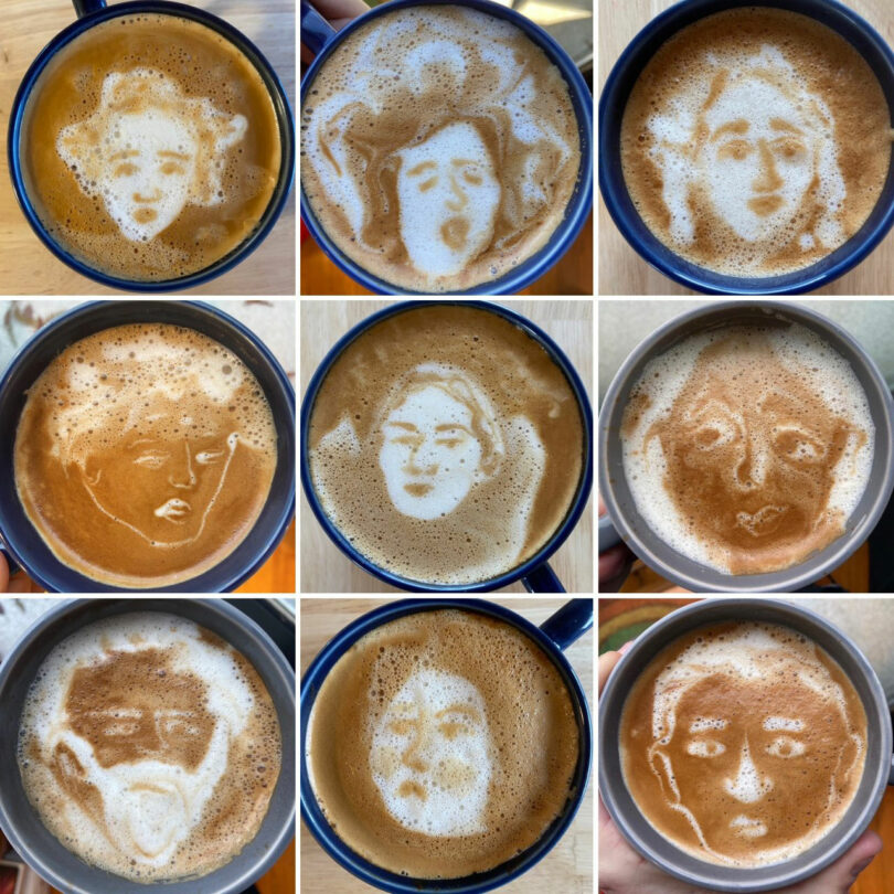 Nine cups of coffee with foam art by Katherine Duclos depict various human faces with different expressions, arranged in a three-by-three grid.