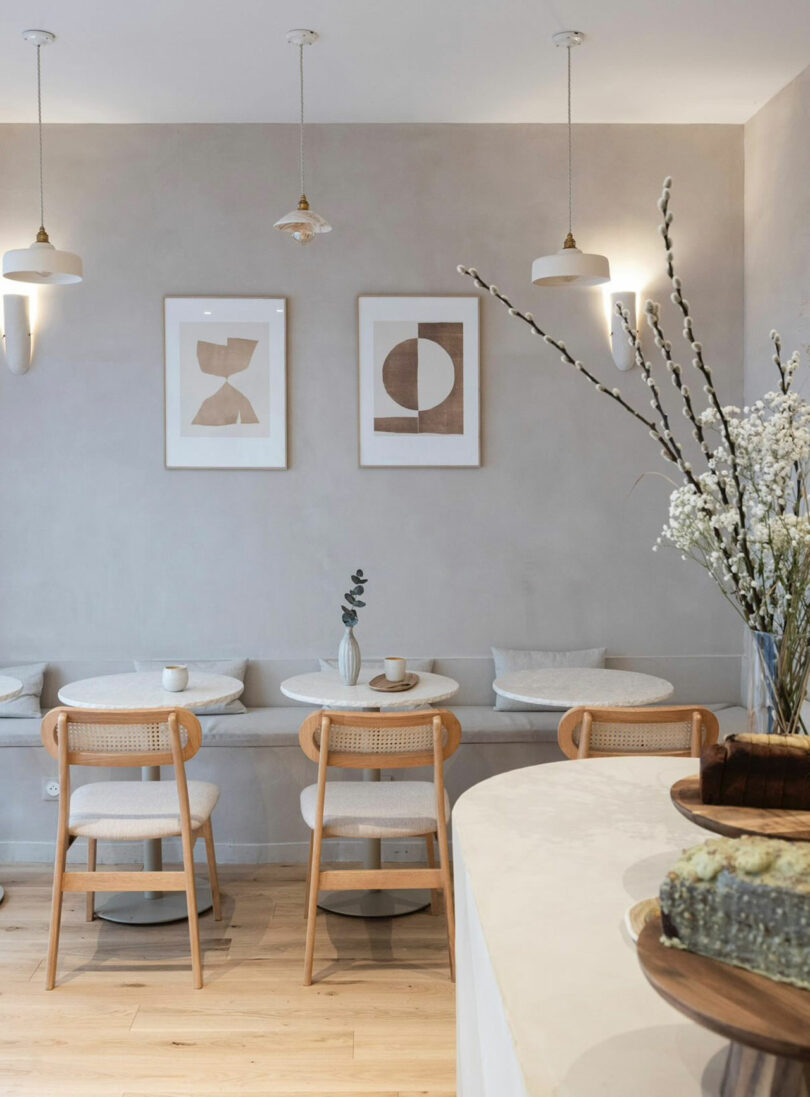 Minimalist cafe interior with wooden chairs, round white tables, neutral wall art, pendant lights, and a vase with white flowers on the counter in the foreground.