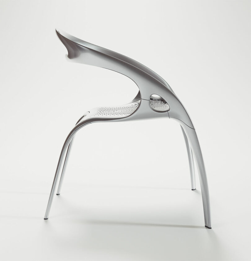 A modern PolarisGo metallic chair with a curved backrest and sleek, sculptural design, photographed against a plain white background.