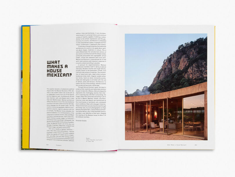 An open book showing a page with the heading "What Makes a House Mexican?" on the left and, on the right, a photo of a modern glass house near a rocky, forested hill—an inviting scene to Take Five and reflect.