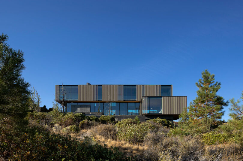 A modern, rectangular house with large glass windows sits on a hillside surrounded by shrubs and pine trees under a clear blue sky.
