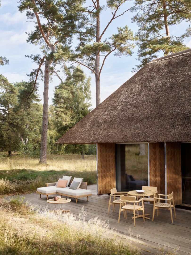 Modern thatched-roof cabin with wooden deck, outdoor seating, table, and lounge chairs amidst tall trees and grass