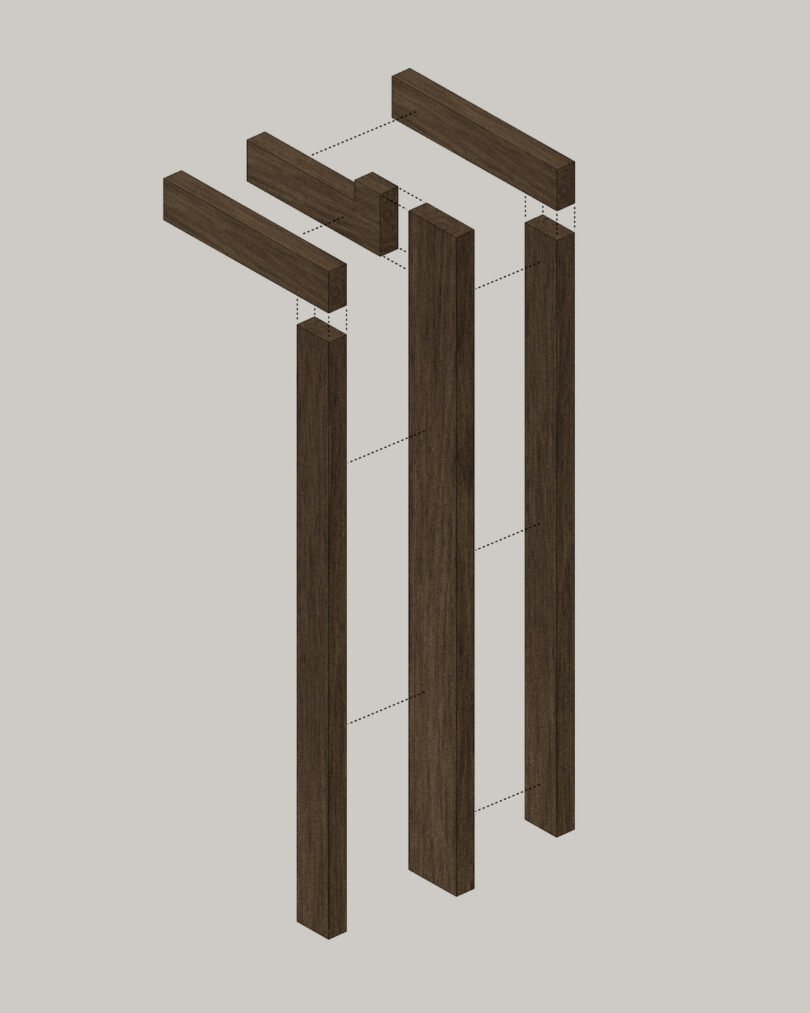 Optical illusion of three wooden beams, appearing interconnected with two on the left, forming an impossible shape, against a light gray background