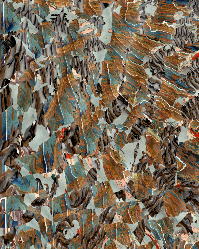 Abstract image featuring overlapping layers of brown, blue, and gray tones with jagged, irregular shapes and mountain-like textures throughout