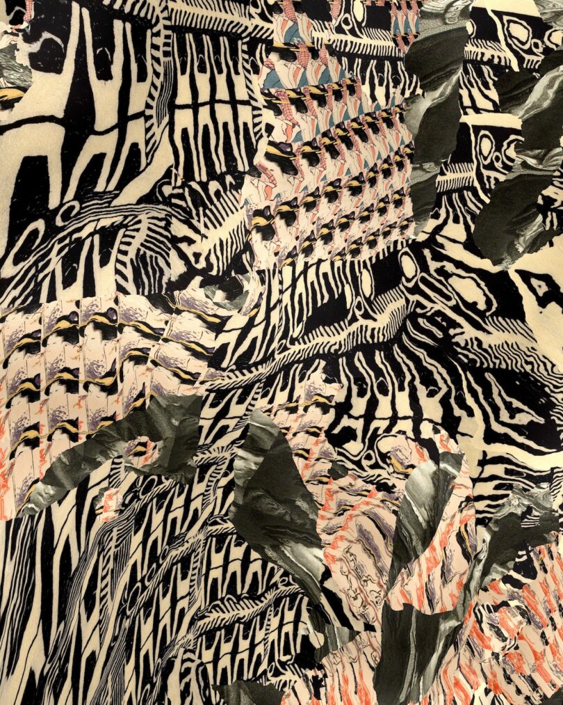 Abstract pattern with black and beige zebra-like stripes, distorted lines, and textured, layered elements in muted pink and green tones, creating a dynamic, chaotic composition