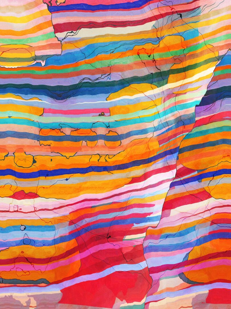 Abstract artwork featuring horizontal, multicolored stripes with wavy lines and varied hues, creating a vibrant, layered effect