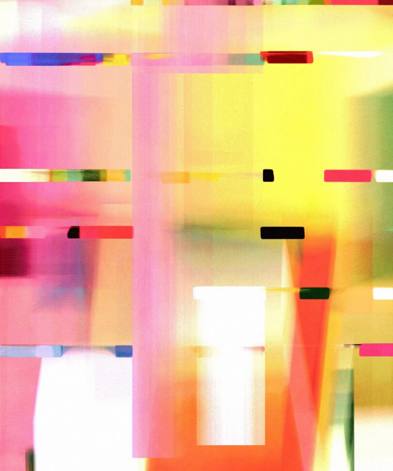 Abstract digital artwork with bright pink, yellow, red, and white rectangles, overlaid with scattered black and colored horizontal lines and blurred edges