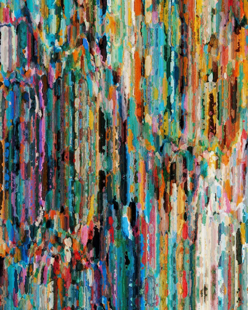 Abstract painting with vertical, multicolored streaks and a mix of vibrant blues, oranges, greens, and browns creating a textured, layered effect