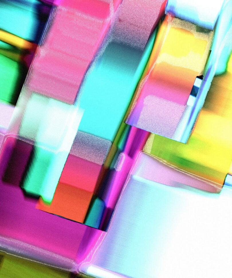 Abstract digital artwork featuring overlapping, colorful rectangular shapes in bright pink, cyan, green, yellow, and white tones with a glitch effect
