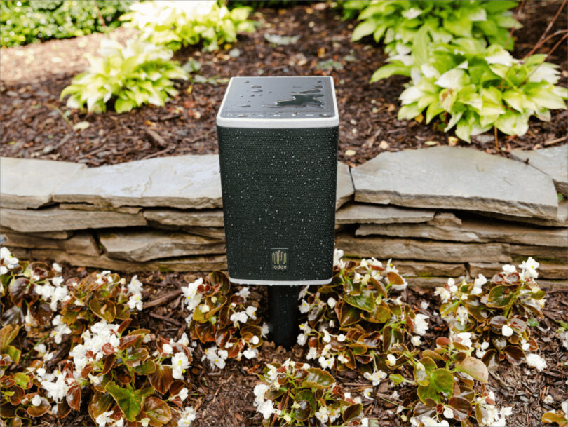 A black outdoor speaker is placed in a garden surrounded by plants and flowers, with a stone wall in the background. The speaker surface is slightly wet.