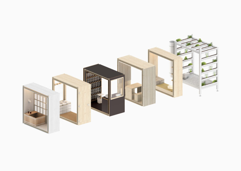 A series of modular wooden and metal room units displayed in a row, illustrating different interior functions and a vertical garden structure at the end