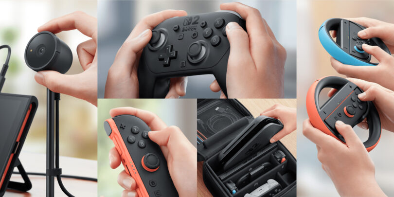Collage of hands holding various Nintendo Switch controllers and accessories, including a Joy-Con, Pro Controller, steering wheel grip, and a carrying case.