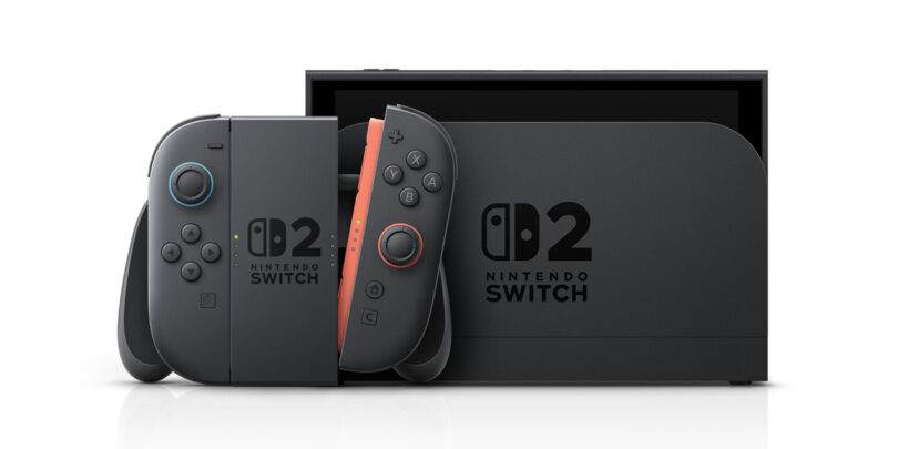 A Nintendo Switch console and dock labeled "2" are shown with two Joy-Con controllers, one gray and one red, attached to a grip in front of the dock.