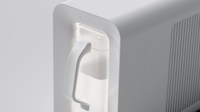 A sleek, modern white dispenser with a spout and handle. The brand name "Sprout" is embossed on the top.