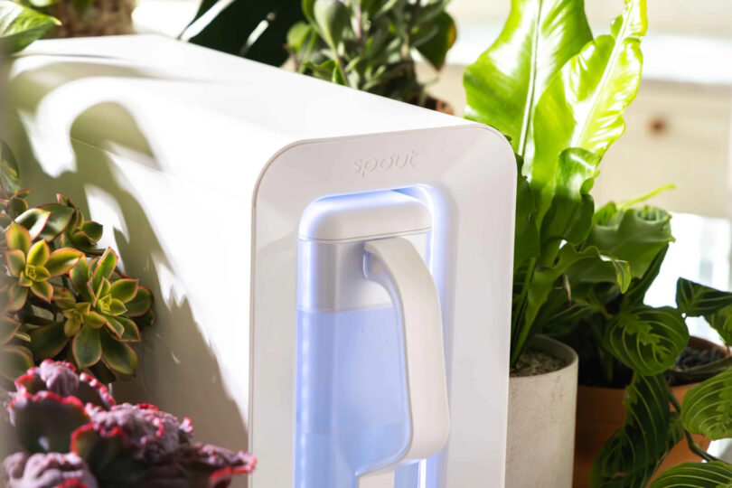 A white countertop water filtration system featuring a sleek spout and glowing blue light sits amidst potted green and purple plants, offering both functionality and style.