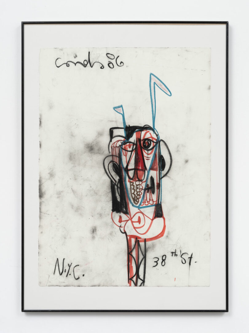 Red and black drawing of abstracted face