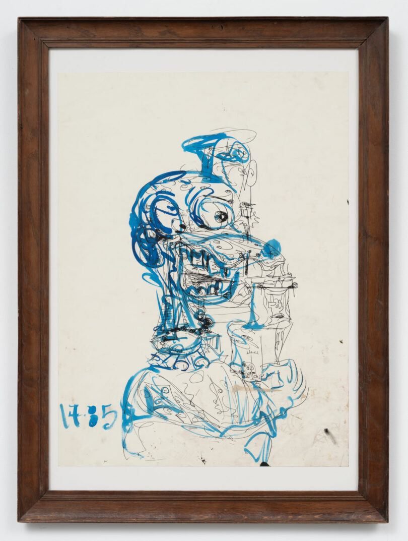 blue and black drawing of abstracted face