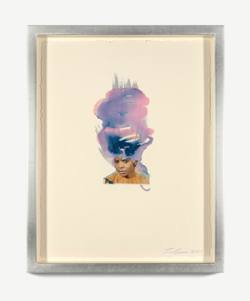 collage of woman's face with an ink wash of colorful hair